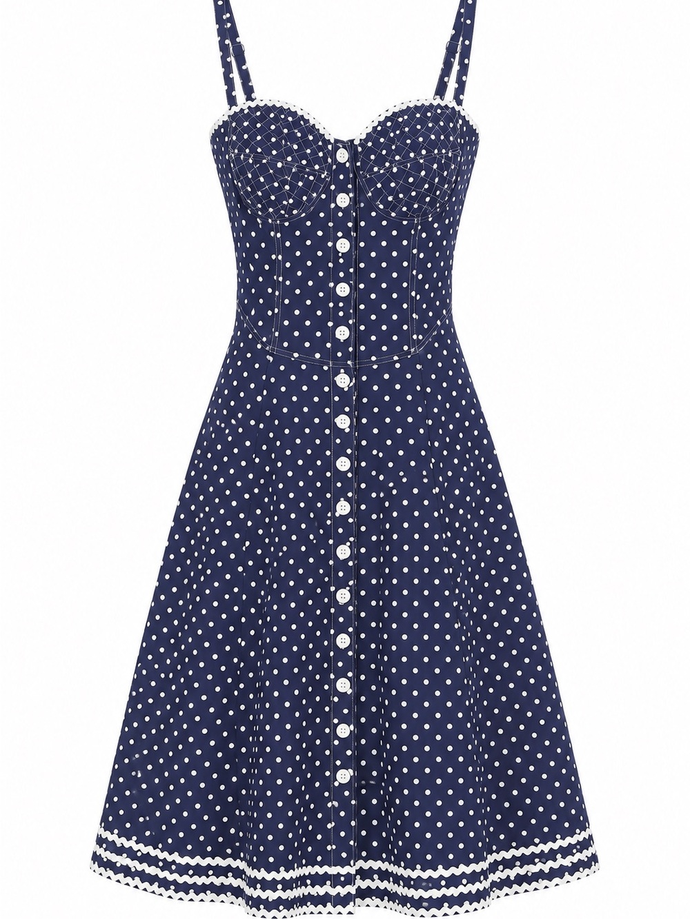 Betsey Johnson Navy Polka Dot Midi Dress with White Trim - Picture 2 of 5